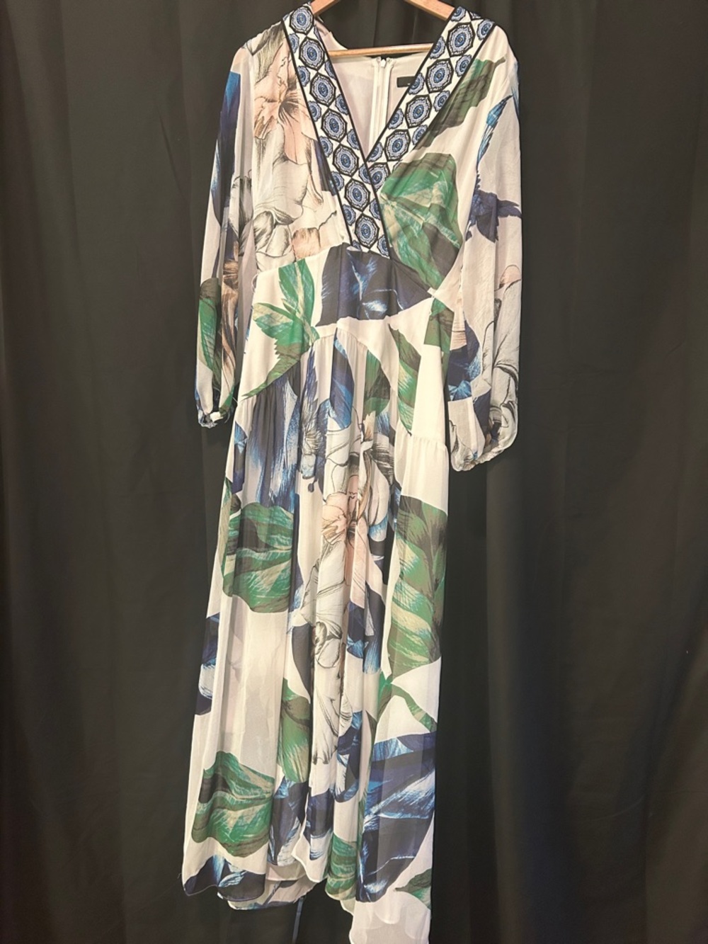 White House Black Market White Maxi Dress with Green and Blue Floral Print